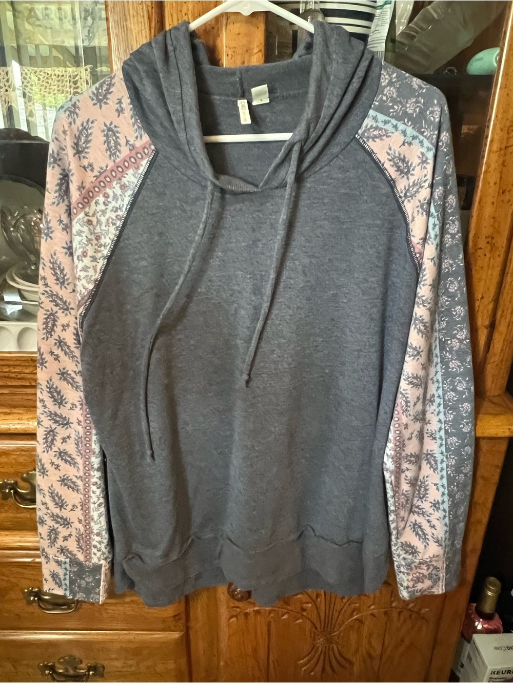 Cato Gray Hoodie with Pink Floral Sleeve Panels